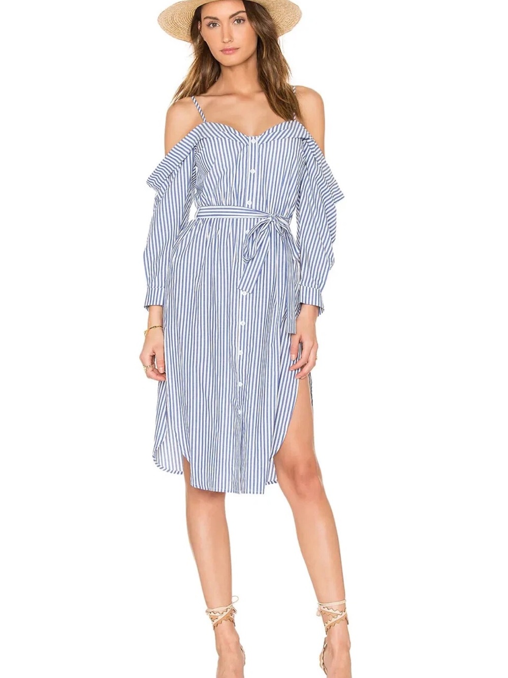 Bardot Paloma Blue and White Striped Off-Shoulder Dress